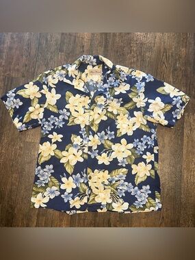 Blue Hawaii Hawaiian Islands Shirt Yellow Flowers Cotton Button Up Medium